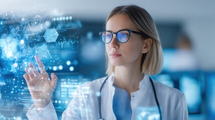 A female doctor interacts with a futuristic digital interface displaying medical data and holographic elements in a clinical setting.