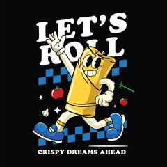 Funny Spring Roll Food Cartoon Characters in Retro 70s Illustration	