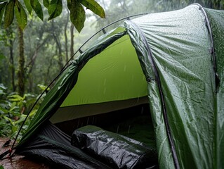 Serene tent in a wet forest during daytime rain