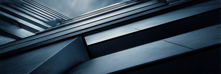 Obraz premium Abstract architecture, close-up of a building's exterior wall, sharp edges, geometric shapes, high-contrast lighting, cool tones, sharp shadows, architectural photography, modern cityscape background.