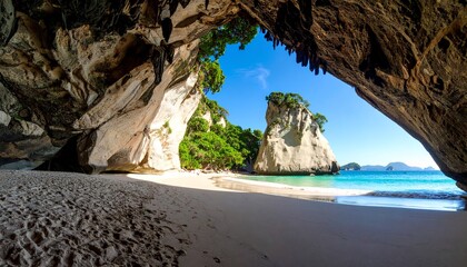 Fototapeta premium playa paradisíaca, tomada desde una perspectiva única: el interior de una gran cueva o arco de roca.