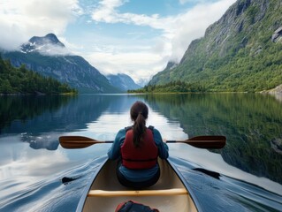 Young woman paddling canoe on serene lake surrounded by mountains