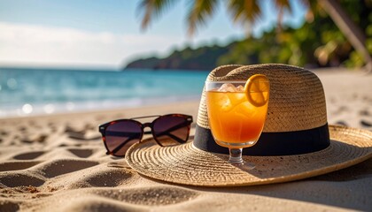 imagen vibrante y colorida con una temática veraniega y playera, Sombreo con gafas y zumo.