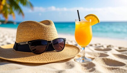 imagen vibrante y colorida con una tem&aacute;tica veraniega y playera, Sombreo con gafas y zumo.