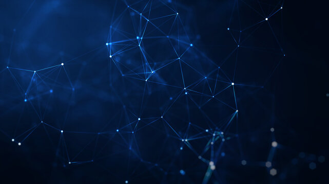 Abstract blue digital network with glowing connection points, representing data flow, global communication, technology networking, and futuristic digital infrastructure.