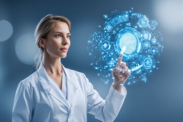 A woman in a lab coat interacts with a glowing futuristic digital fingerprint interface, symbolizing advanced technology and biometric security.