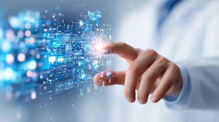 A hand interacts with a futuristic digital interface displaying holographic data and technology elements in a modern, blurred background.