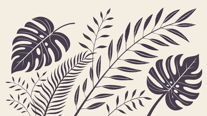 Stylish tropical leaves vector illustration featuring dark purple botanical foliage on a light cream background. Monstera and palm leaf minimalist graphic design for nature decor.