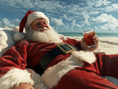 Older man in Santa Claus costume enjoying drink on beach