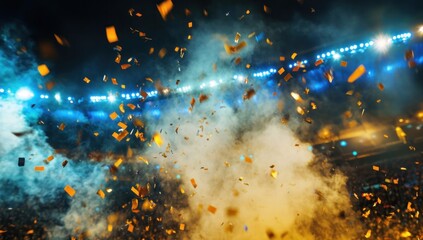 Exuberant celebration at a vibrant stadium with a golden confetti shower