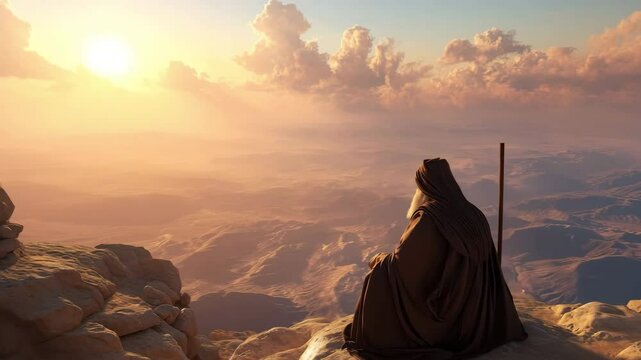Majestic sunset over mount Nebo, Moses in a robe gazes into the horizon contemplating his death, evoking biblical themes of reflection and solitude. Camera pivots around Moses while camera tracks.
