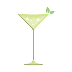 Vector illustration of a light green glass on a thin stem with mint leaves on a white background.