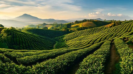 Fototapeta premium Panoramic capture of the rolling hills and coffee plantations around Mbeya, wide-angle nature scene