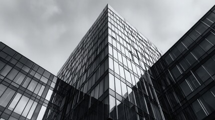 Fototapeta premium Black and black photography of a glass building, an architectural background with copy space for text. Minimalist architectural design.