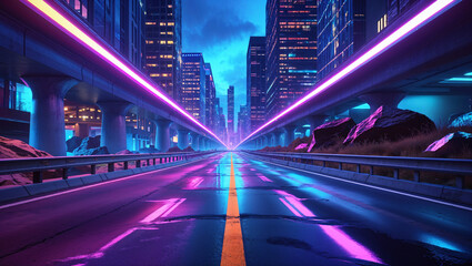 Fototapeta premium A futuristic cityscape with neon lights and a central roadway during a cloudy evening