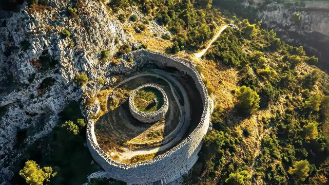 Aerial view of Monopteros revealing its unique circular structure surrounded by lush greenery, Aerial shot of the Monopteros