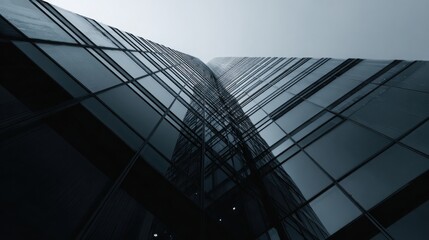 Black and black photography of a glass building, an architectural background with copy space for text. Minimalist architectural design.