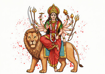 Goddess Durga Riding Lion: Ten Armed Divine Mother Power, Hindu Mythology Illustration