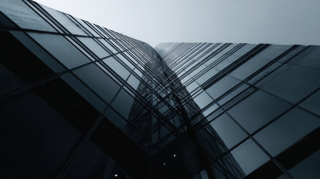 Black and black photography of a glass building, an architectural background with copy space for text. Minimalist architectural design.