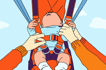 Infant secured in harness, soaring above, for safety campaigns