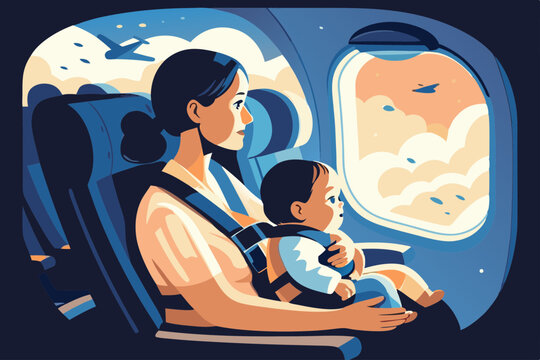 Mother and baby on airplane, traveling safely, in muted tones, for family travel blogs