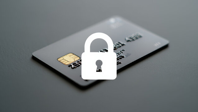 Realistic credit card with security chip and lock icon overlay, resting on a soft gray monochromatic surface, highlighting secure payment technology.