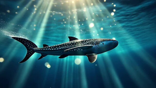 Majestic whale shark gliding through sparkling ocean waters in vibrant underwater environment, Majestic whale shark swimming through sparkling ocean lights
