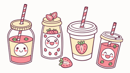 Cute Kawaii Strawberry Drinks Set Vector Illustration Pink Refreshing Summer Beverages Mason Jar Bottle Cup Sweet Smoothie Juice Cartoon Art
