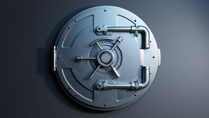 Realistic 3D vault door icon with metallic texture, detailed shadows, and depth on a dark silver background, symbolizing strong data security.