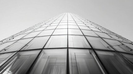 Fototapeta premium Black and white photography of a glass building, an architectural background with copy space for text. Minimalist architectural design.