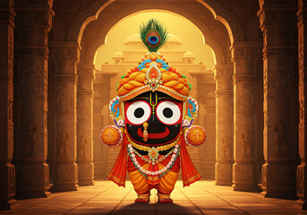 Jagannath: Digital Deity in Ancient Temple Corridor.  Vibrant 3D Render of the Hindu God.