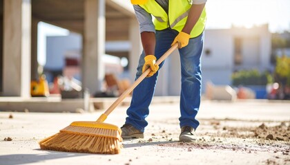 Construction Worker Sweeping Clean Construction Site.