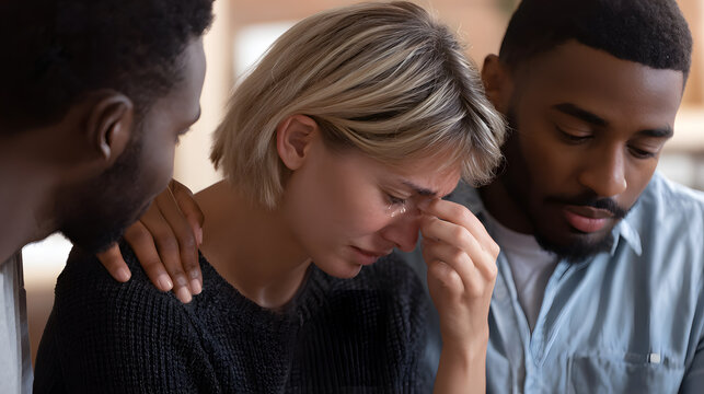 Group support for a crying friend. Two male friends comforting a distressed woman on a couch. Mental health support, empathy, emotional care and compassion