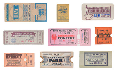 a collection of old vintage ticket isolated on white background