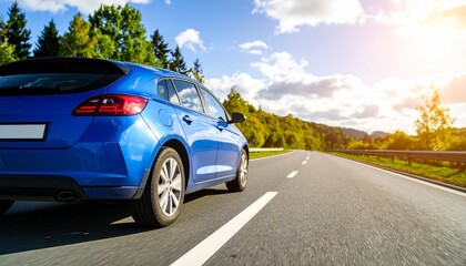 Fototapeta premium Blue Car Driving on Scenic Highway Road Trip.