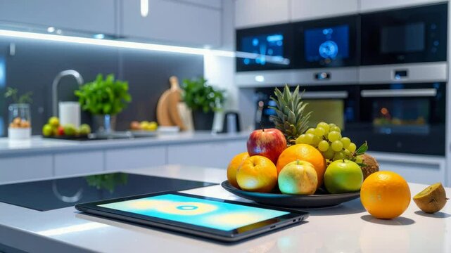 Modern smart kitchen showing home automation and fresh fruit.