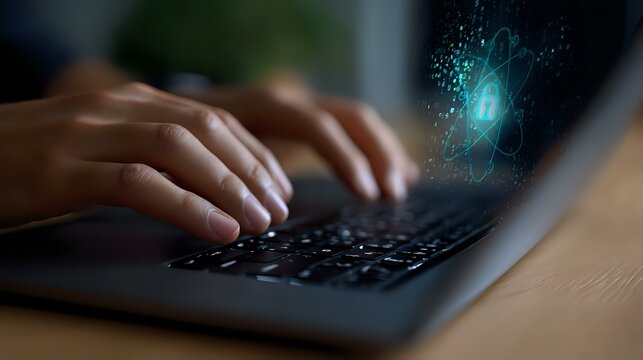 Hands typing on laptop keyboard in dark room with glowing digital network visualization on screen, representing cybersecurity and digital technology concepts.