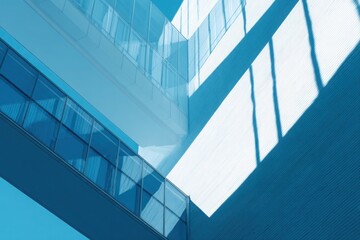 Obraz premium Modern glass building with a blue sky and clouds, viewed from the bottom. Abstract architectural background.