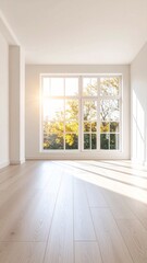 Sunlit Empty Room with Large Window and Autumn Trees View.