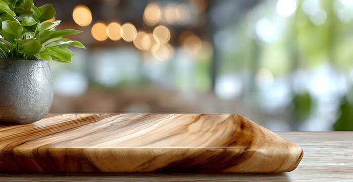 Wooden serving board with natural grain pattern on kitchen counter with decorative plant and blurred bokeh background. Modern minimalist food presentation. - Powered by Adobe