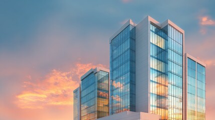 Obraz premium Modern glass office building with a sunset sky background, a business center exterior architecture mock-up.