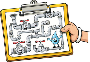 Happy Pipes and Water Drop on Clipboard