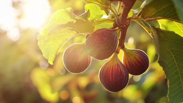 Ripe figs hanging on a tree branch basking in warm sunlight during a summer afternoon, Ripe figs hanging on tree branch in sunlight
