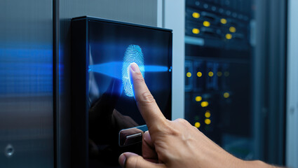 Close-up of a fingerprint scanning a digital access panel on a server room door, with realistic overlay and futuristic glowing interface.