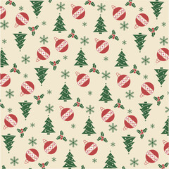A seamless festive Christmas pattern featuring decorated trees, red ornaments, holly leaves, and snowflakes on a beige vintage background. Perfect for gift wrap, greeting cards, textile design. 
