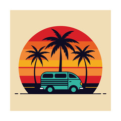 Aesthetic tropical sunset with palm trees and vintage van illustration for summer decor