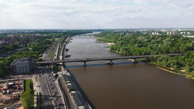 Silesian&ndash;Dabrowa Bridge in Warsaw Poland, drone view