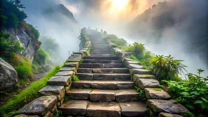 Obraz premium Stone Steps Leading Upward Through Hazy Mountain Fog