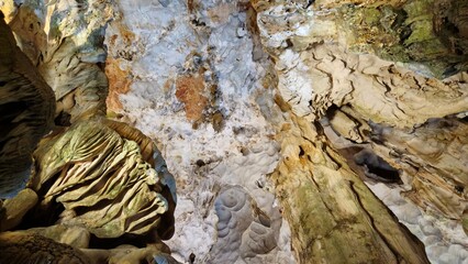 Majestic rock formations inside Thien Cung Cave, a popular attraction in Ha Long Bay, Vietnam.