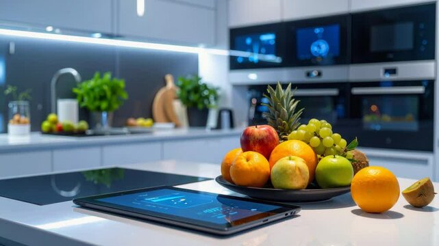Modern smart kitchen showing home automation and fresh fruit.